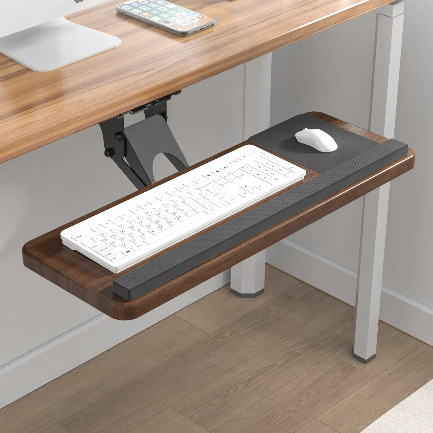 Keyboard Drawer Under - デスク下キーボードトレイ、調節可能なスイベルスライドアウト引き出しレール、コンピューターデスク用マウス棚付き、ブラックスチール製人間工学に基づいたデザイン