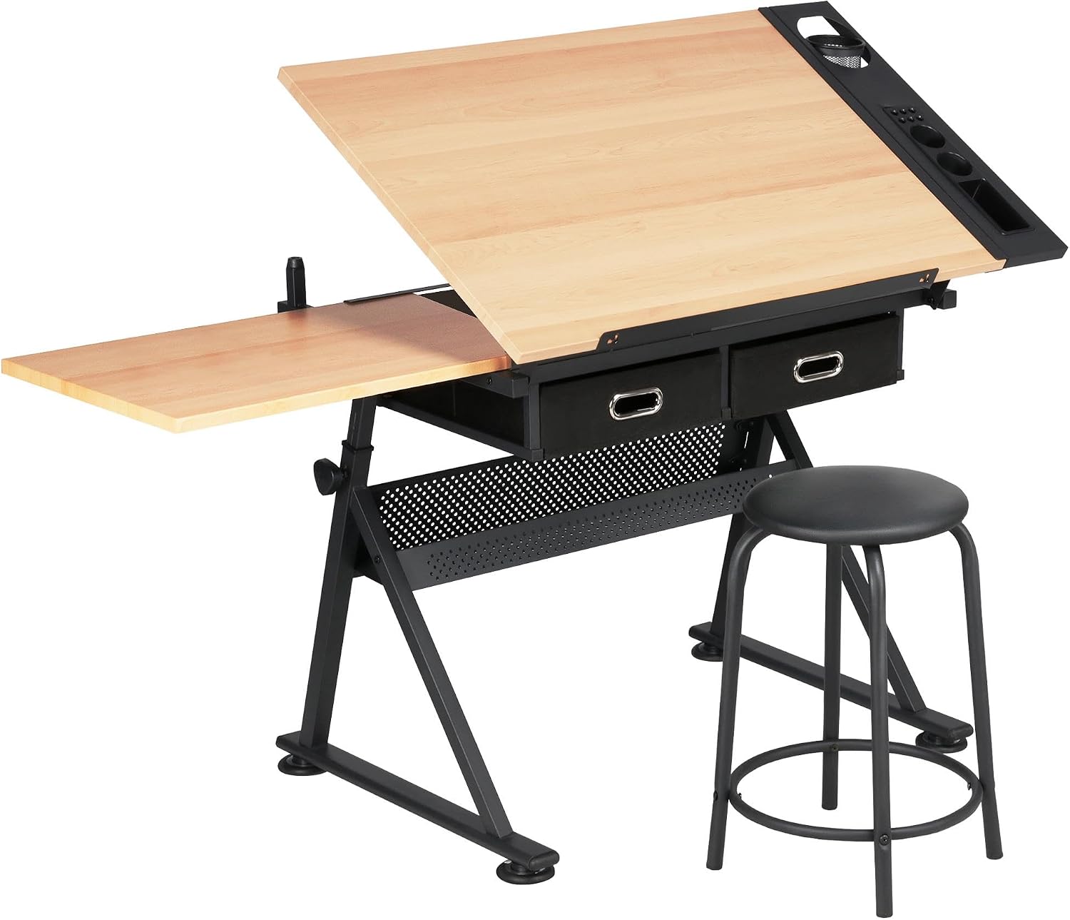 Office Furniture Desk - 調整可能な製図台アートデスク（お揃いのスツール付き）、傾斜式製図クラフトワークステーション（収納引き出し付き）、ホームオフィススタジオ用、モダンなアーティスト家具、木目調、2点セット