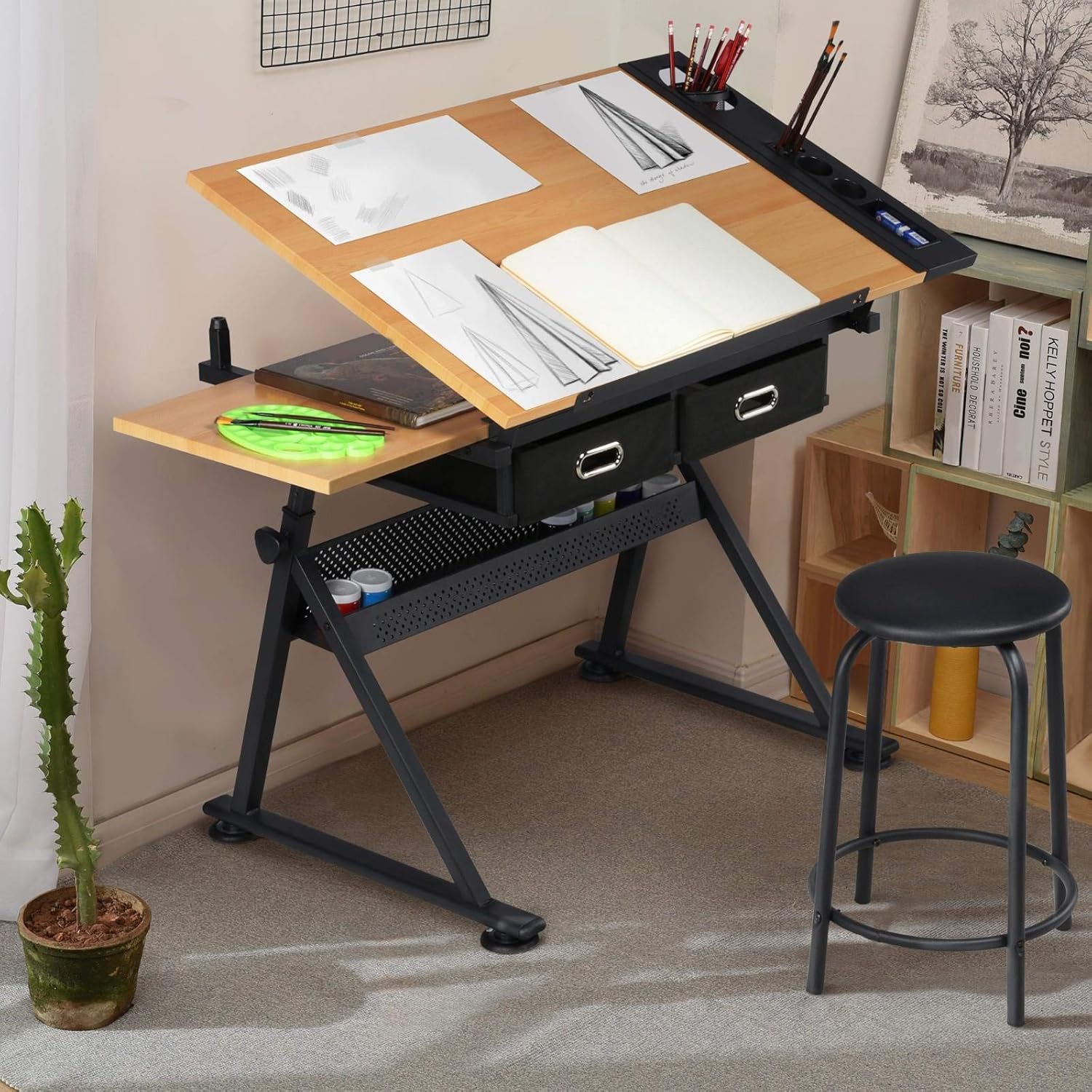 調整可能な製図台アートデスク（お揃いのスツール付き）、傾斜式 - Office Furniture Desk のレビューと価格